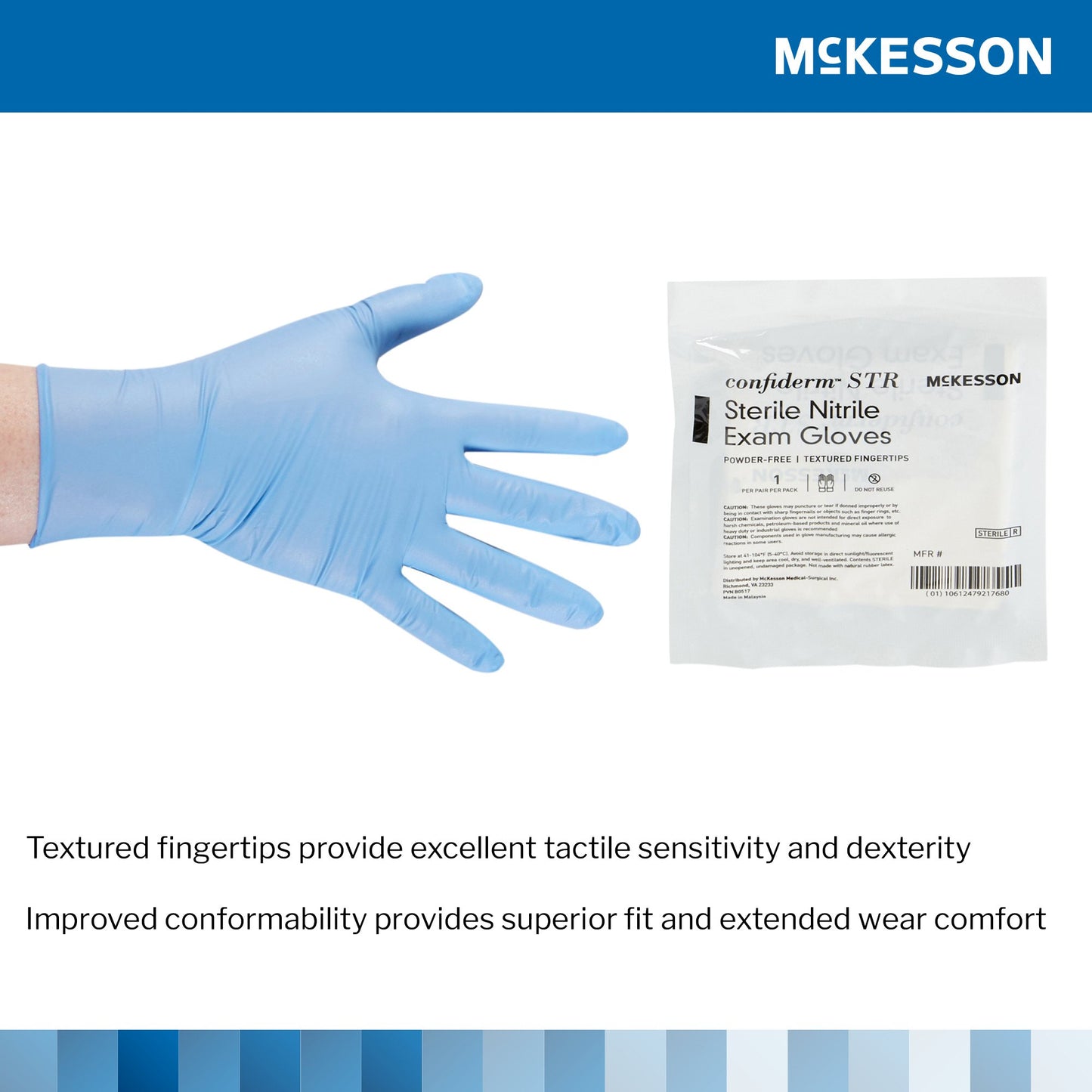 McKesson Confiderm® STR Exam Glove X-Large Sterile Pair Nitrile Standard Cuff Length Textured Fingertips Blue Not Rated (1065408_BX)