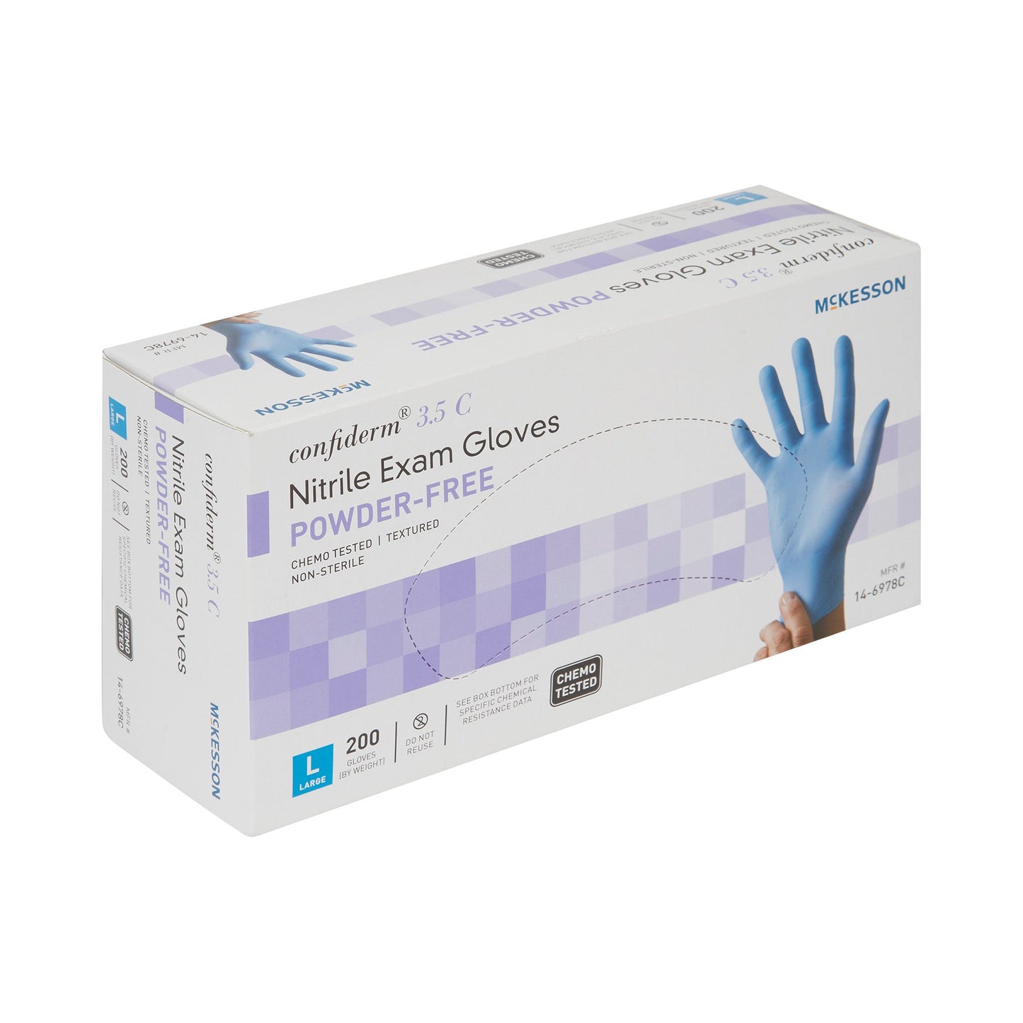 McKesson Confiderm® 3.5C Exam Glove Large NonSterile Nitrile Standard Cuff Length Textured Fingertips Blue Chemo Tested (765876_CS)