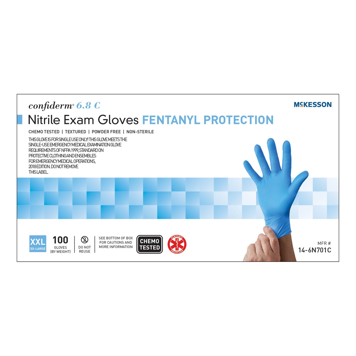 McKesson Confiderm® 6.8C Exam Glove 2X-Large NonSterile Nitrile Standard Cuff Length Fully Textured Blue Chemo Tested / Fentanyl Tested (1251332_BX)