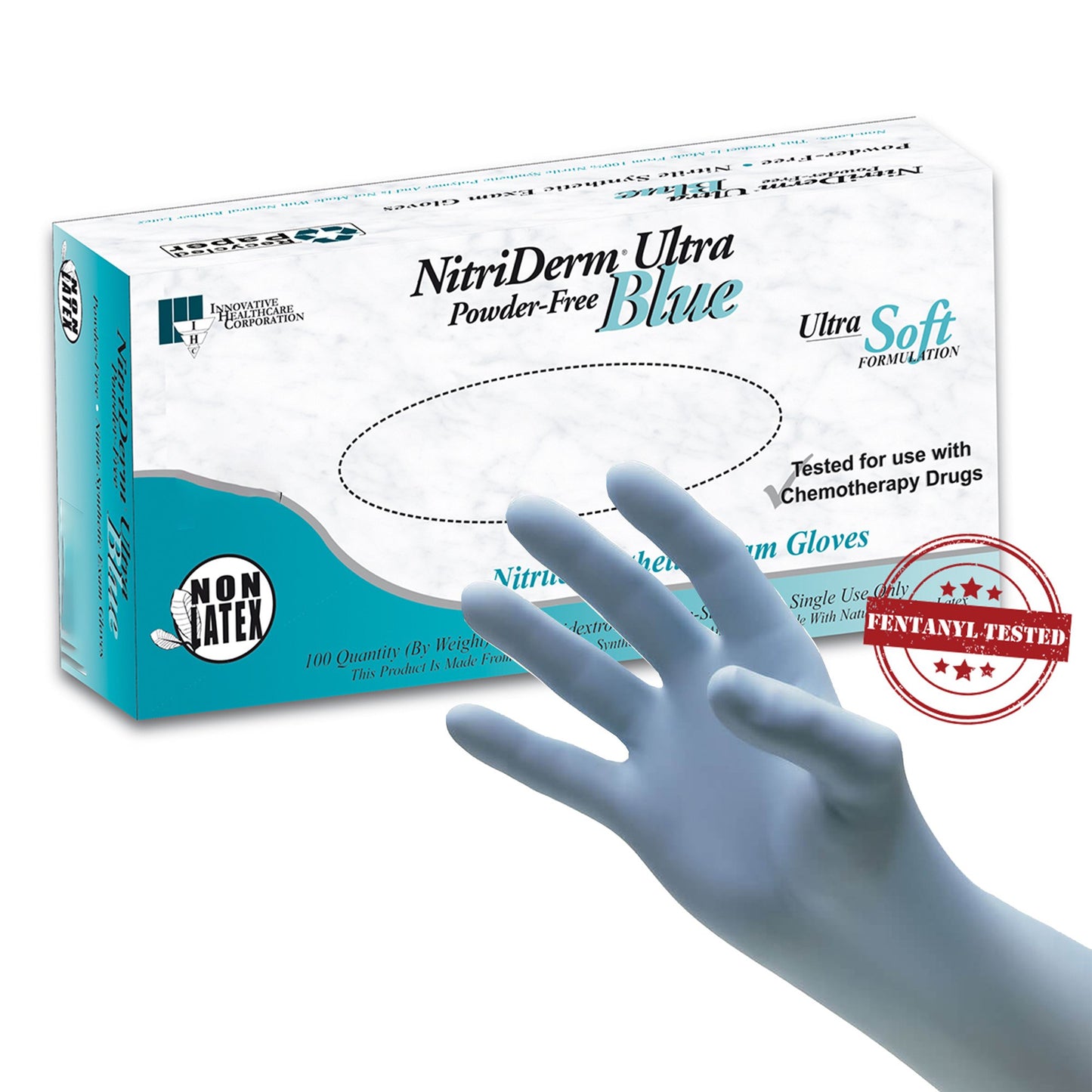 NitriDerm® Ultra Blue Exam Glove Medium NonSterile Nitrile Standard Cuff Length Fully Textured Light Blue Chemo Tested / Fentanyl Tested (784391_CS)