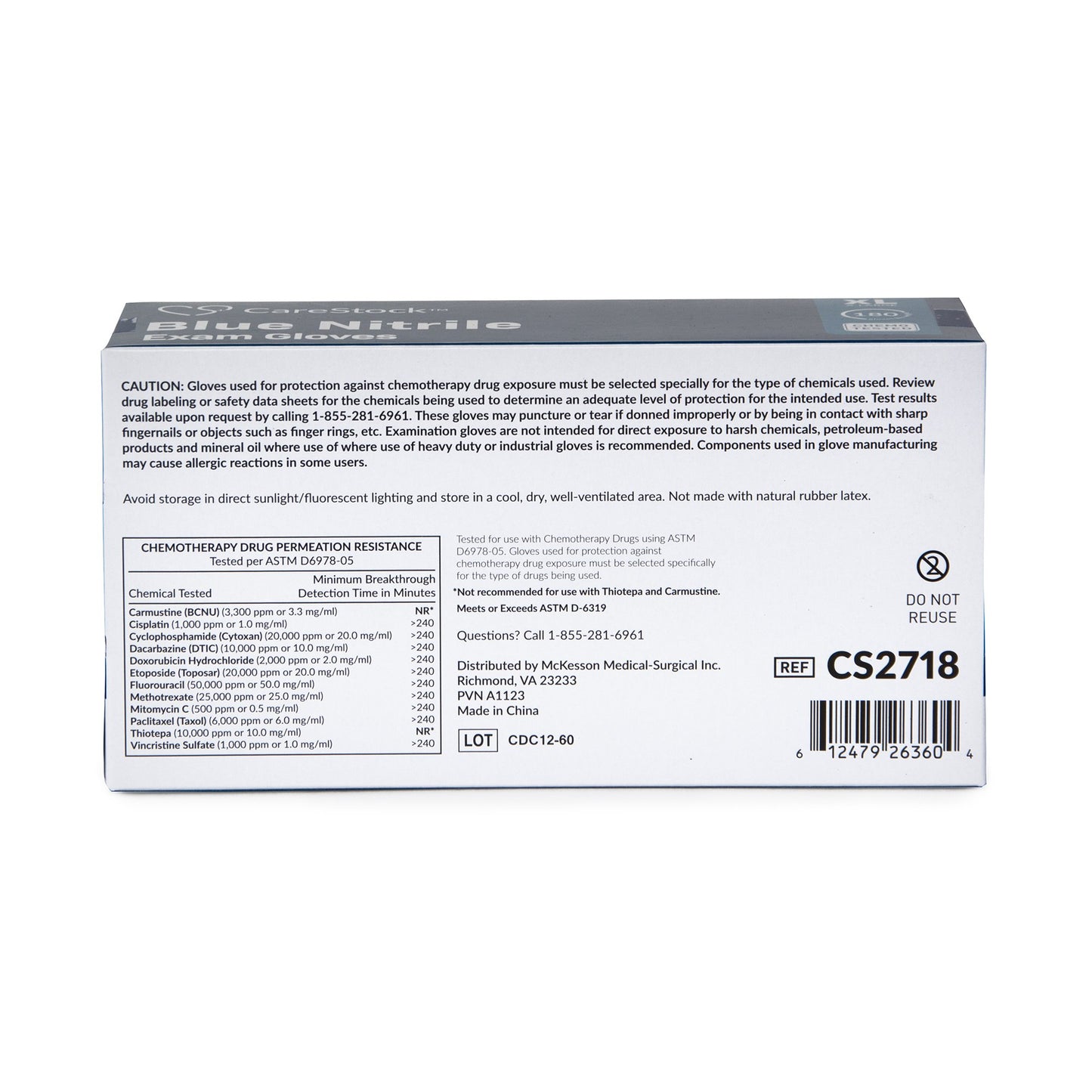 CareStock™ Exam Glove X-Large NonSterile Nitrile Standard Cuff Length Textured Fingertips Blue Chemo Tested (1230899_CS)