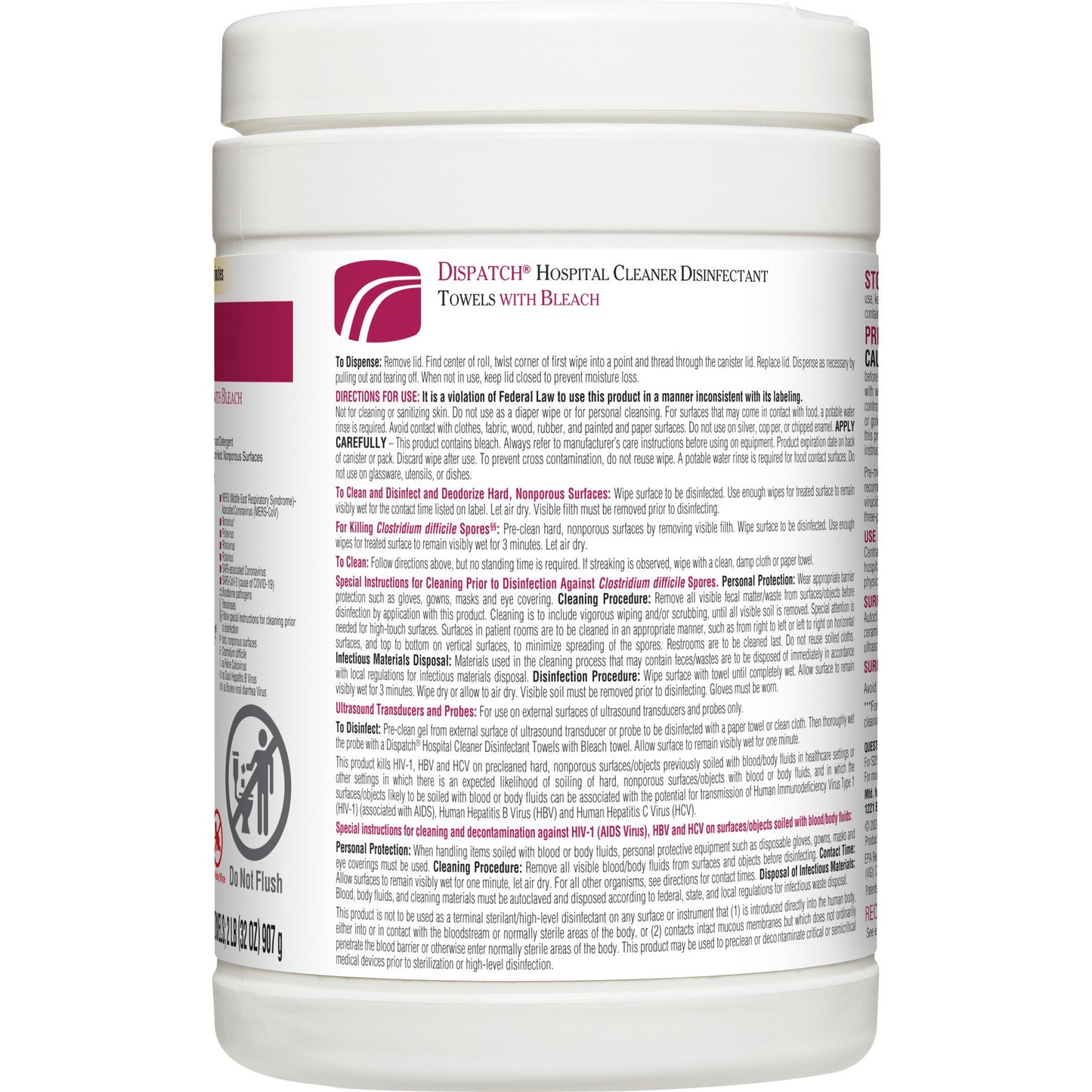 Dispatch® with Bleach Surface Disinfectant Cleaner Premoistened Manual Pull Wipe 150 Count Canister Fruity Floral Bleach Scent NonSterile (735385_PK)