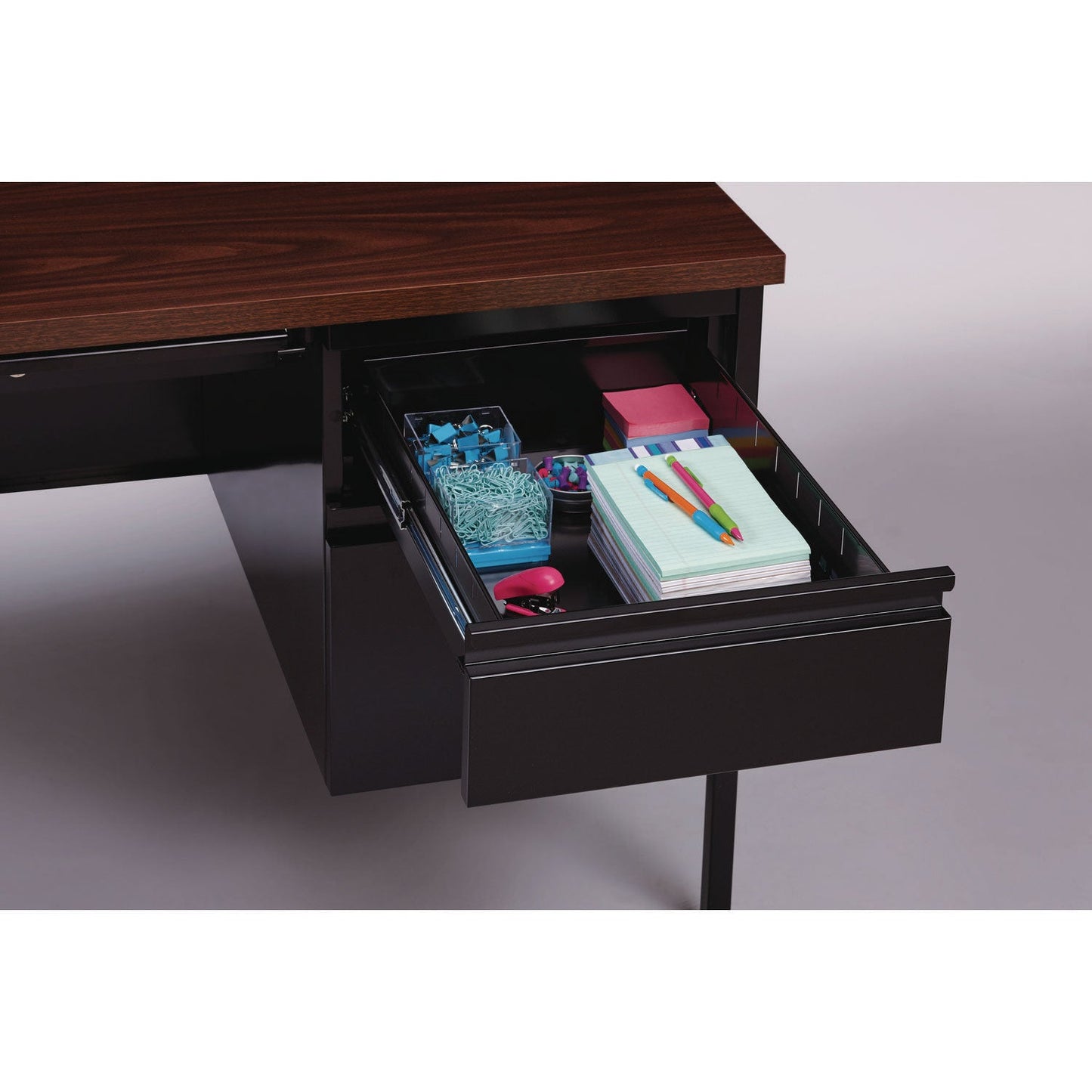 Alera Double Pedestal Steel Desk, 60" x 30" x 29.5", Mocha/Black, Black Legs (ALEHSD6030BM)