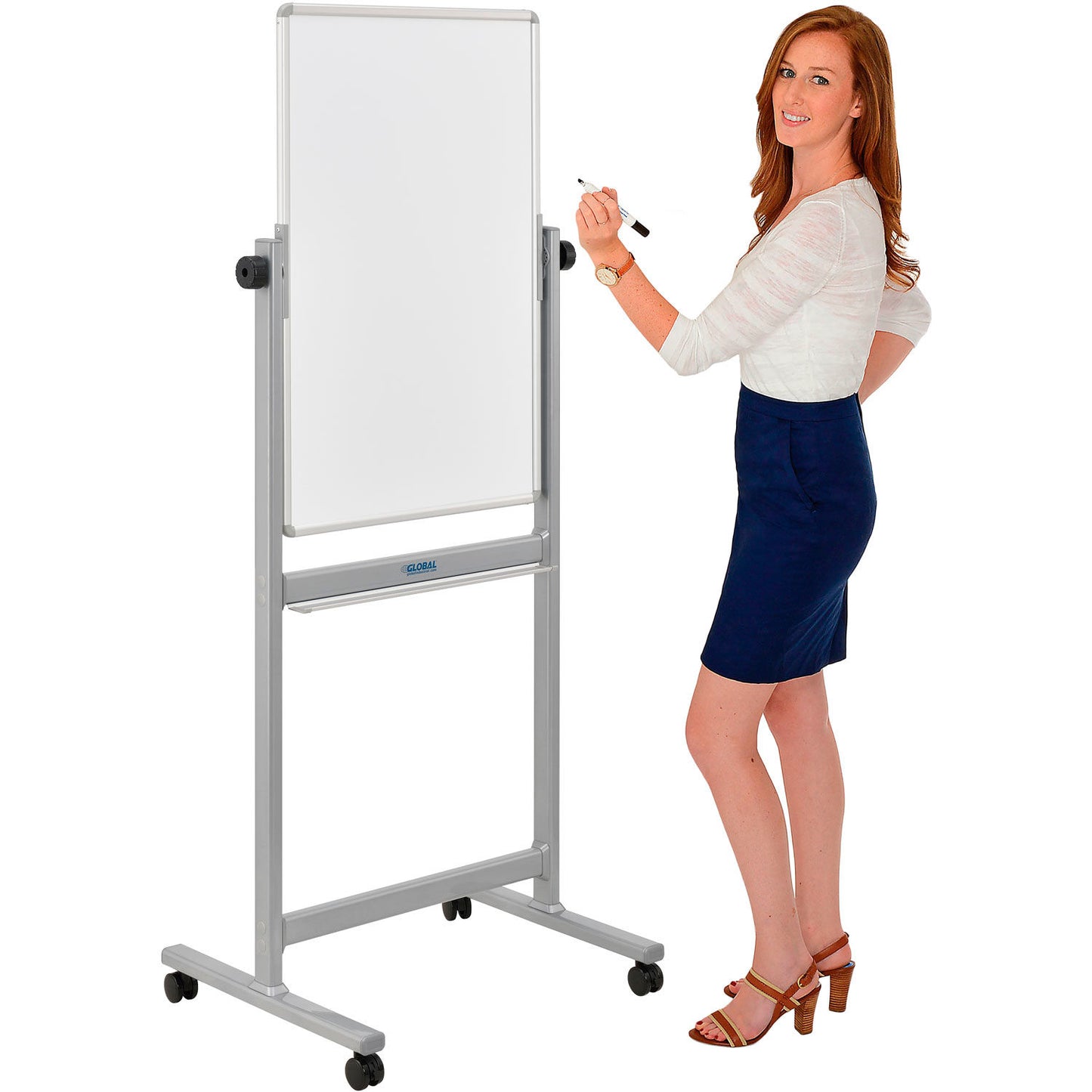 Global Industrial Mobile Reversible Magnetic Whiteboard - 24"W x 36"H - Steel - Silver Frame (WBB379150)