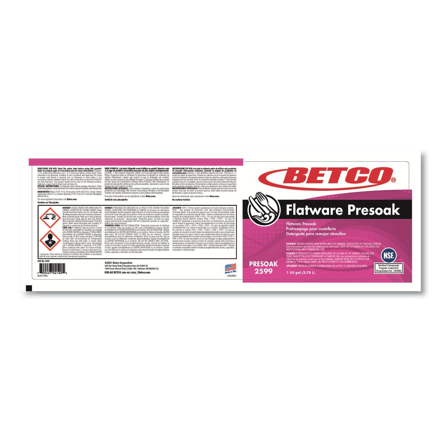 Betco Flatware Presoak, Characteristic Scent, 1 gal Bottle, 4/Carton (BET25990400)