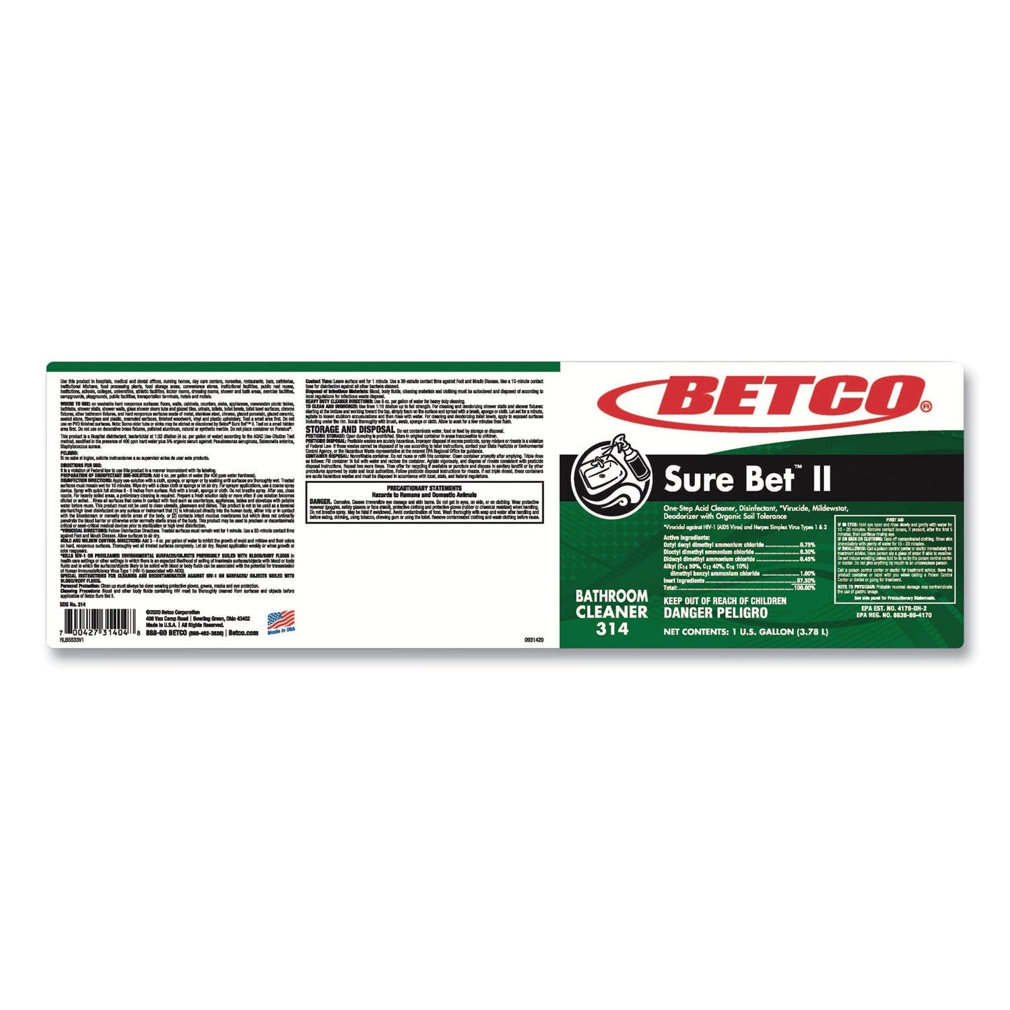 Betco Sure Bet II Foaming Disinfectant, Citrus Scent, 1 gal Bottle, 4/Carton (BET3140400)