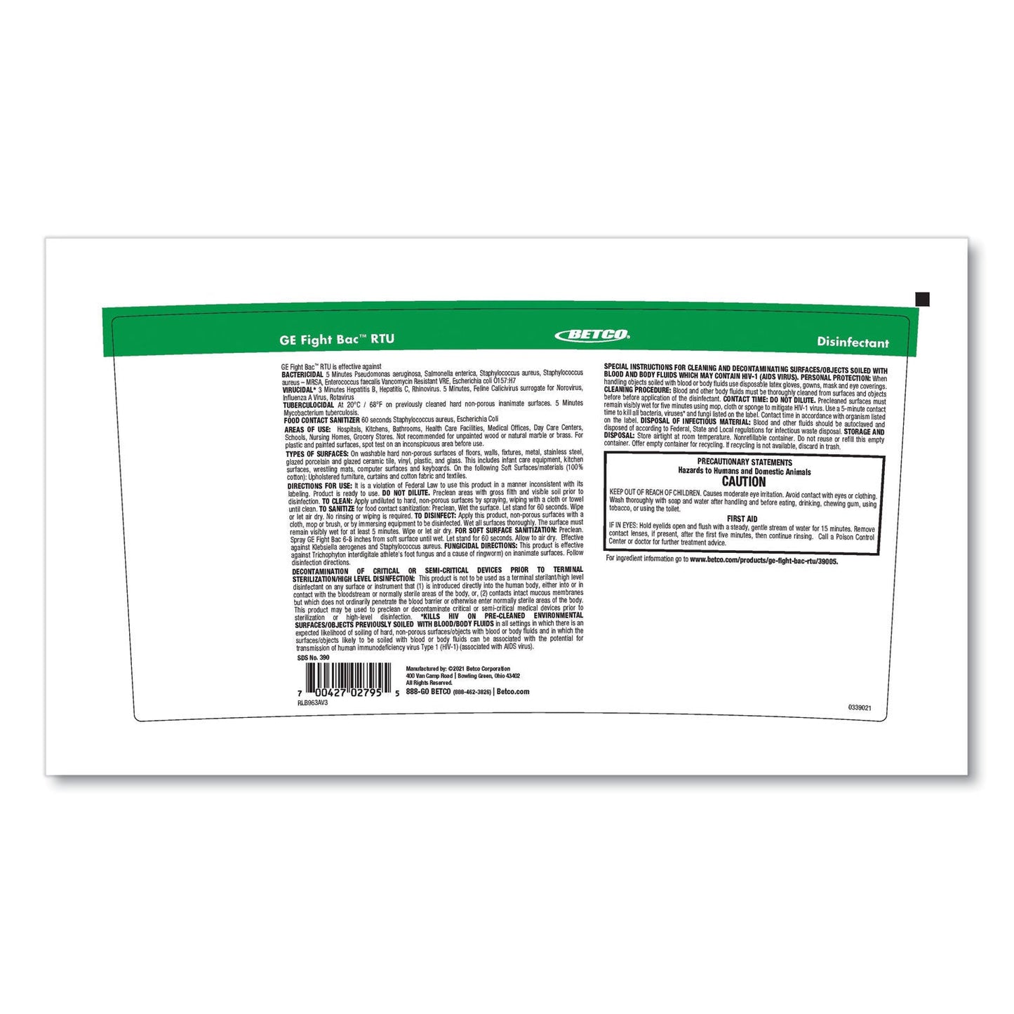 Betco Fight Bac RTU Disinfectant, Fresh Scent, 5 gal Pail (BET3900500)