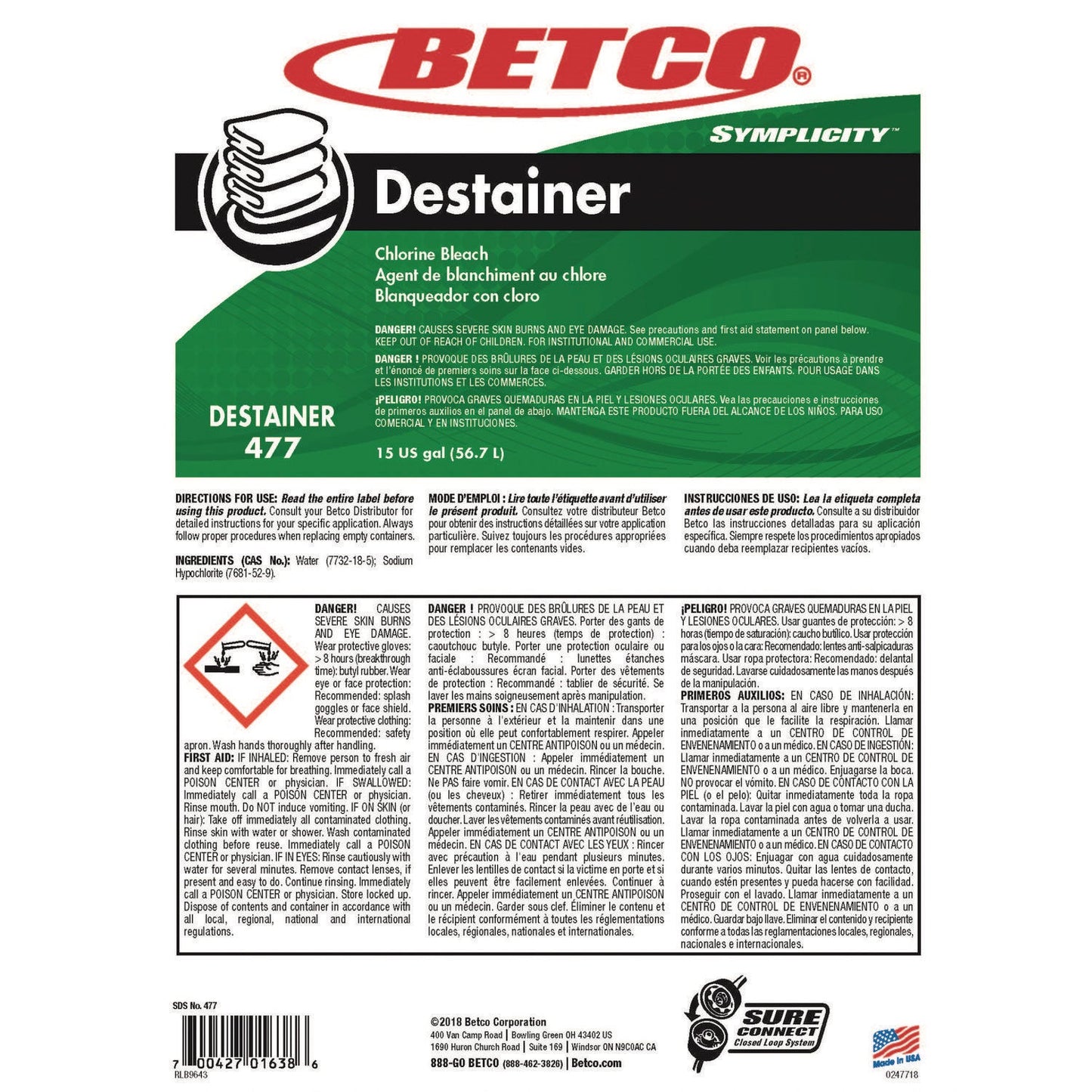 Betco Symplicity Destainer, 15 gal Drum (BET4777700)