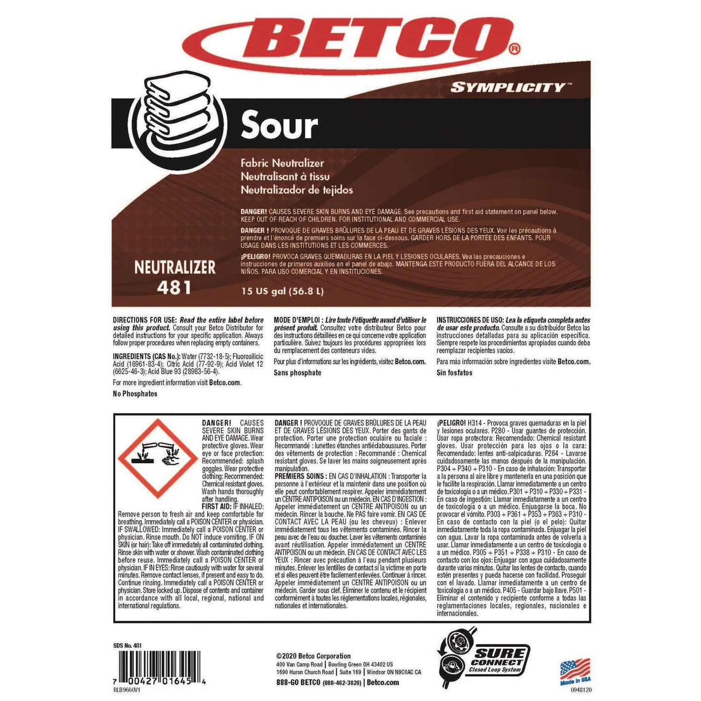 Betco Symplicity Sour Fabric Neutralizer, 15 gal Drum (BET4817700)