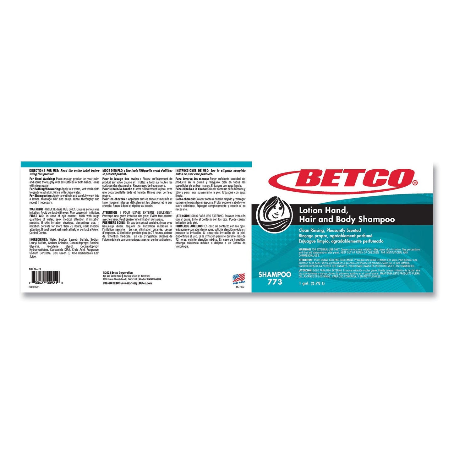 Betco Lotion Hand, Hair and Body Shampoo, Fresh Scent, 1 gal Bottle, 4/Carton (BET7730400)