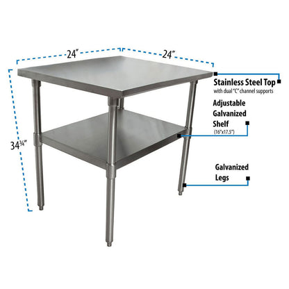 BK Resources Stainless Steel Flat Top Work Tables, 24w x 24d x 36h, Silver, 2/Pallet (BKE2VT2424)