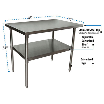 BK Resources Stainless Steel Flat Top Work Tables, 48w x 30d x 36h, Silver, 2/Pallet (BKE2VT4830)