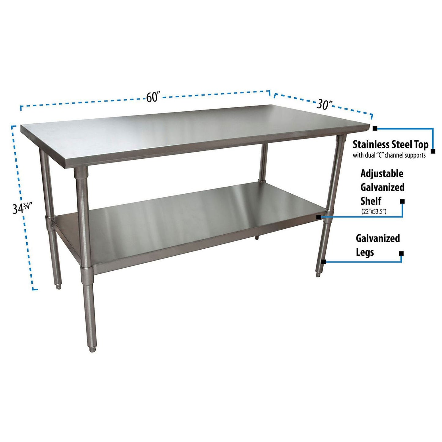 BK Resources Stainless Steel Flat Top Work Tables, 60w x 30d x 36h, Silver, 2/Pallet (BKE2VT6030)