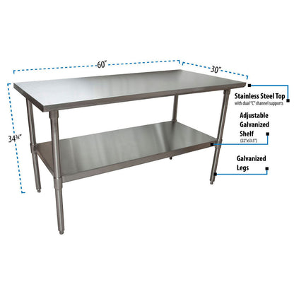 BK Resources Stainless Steel Flat Top Work Tables, 60w x 30d x 36h, Silver, 2/Pallet (BKE2VT6030)
