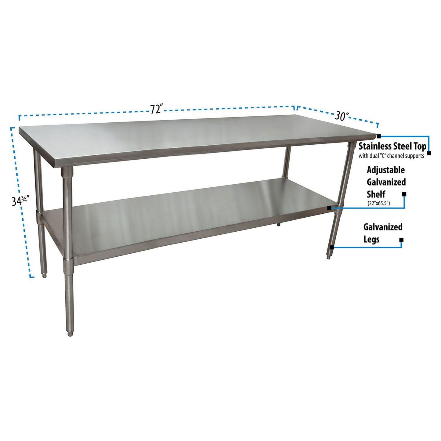 BK Resources Stainless Steel Flat Top Work Tables, 72w x 30d x 36h, Silver, 2/Pallet (BKE2VT7230)