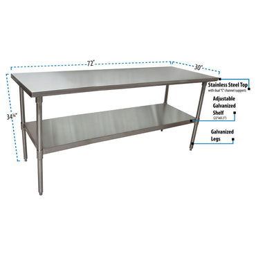 BK Resources Stainless Steel Flat Top Work Tables, 72w x 30d x 36h, Silver, 2/Pallet (BKE2VT7230)
