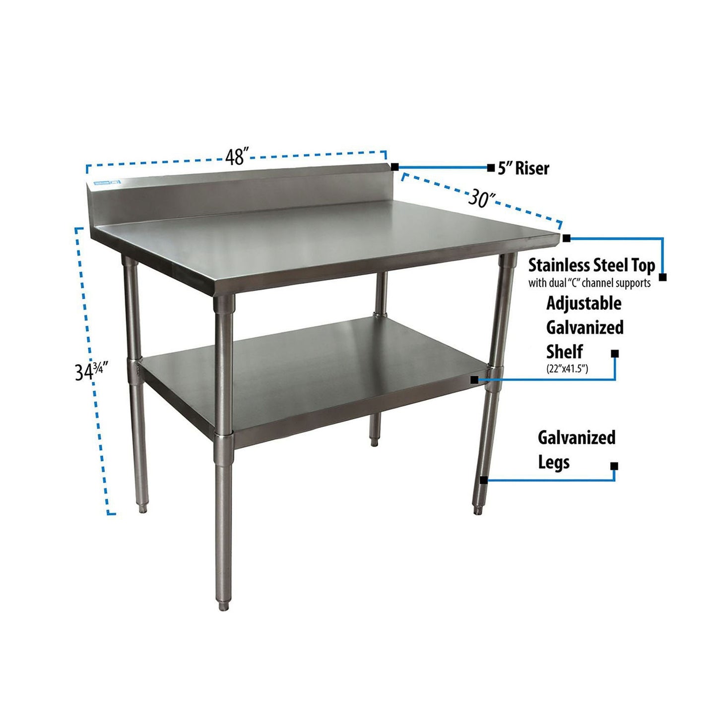 BK Resources Stainless Steel 5" Riser Top Tables, 48w x 30d x 39.75h, Silver, 2/Pallet (BKE2VTR54830)