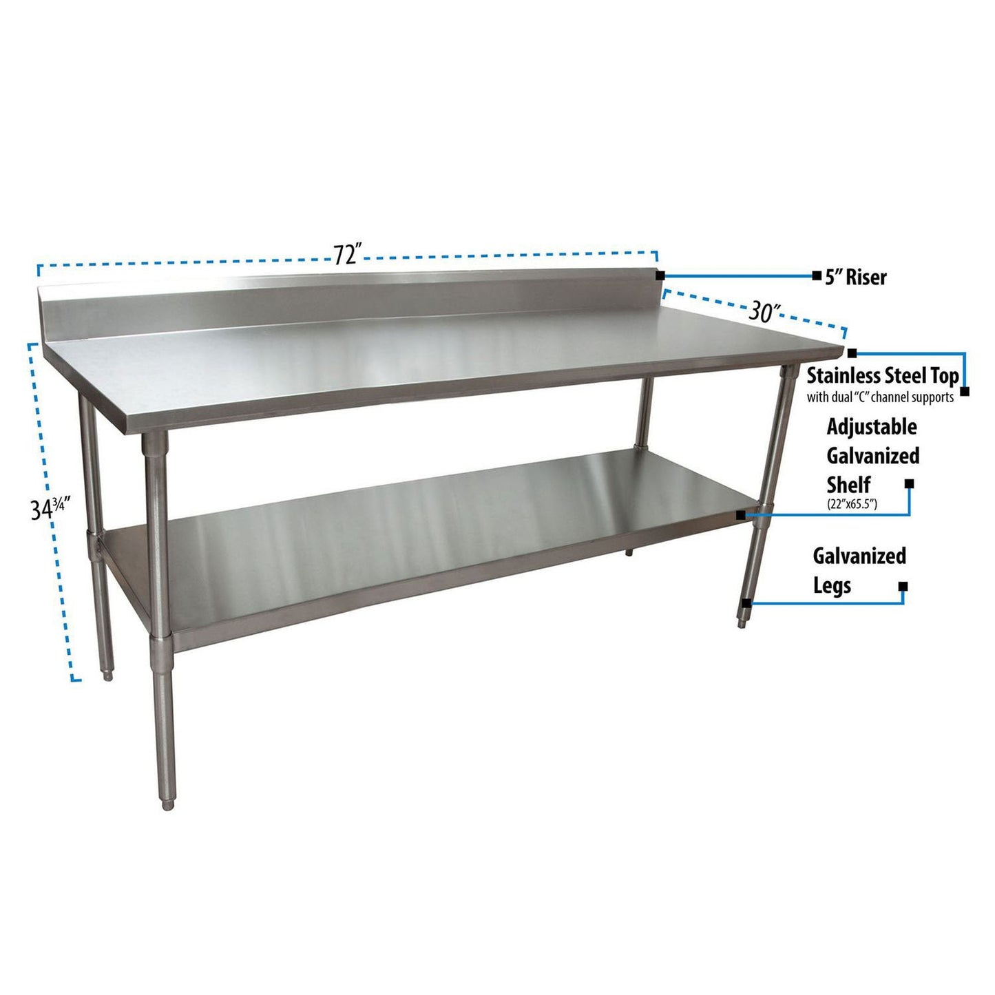 BK Resources Stainless Steel 5" Riser Top Tables, 72w x 30d x 39.75h, Silver, 2/Pallet (BKE2VTR57230)