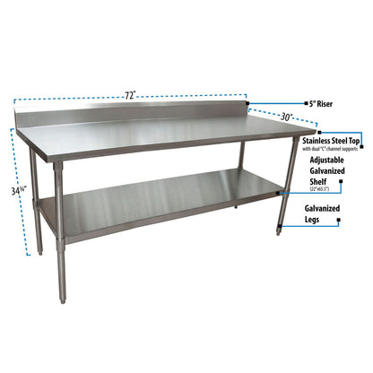 BK Resources Stainless Steel 5" Riser Top Tables, 72w x 30d x 39.75h, Silver, 2/Pallet (BKE2VTR57230)