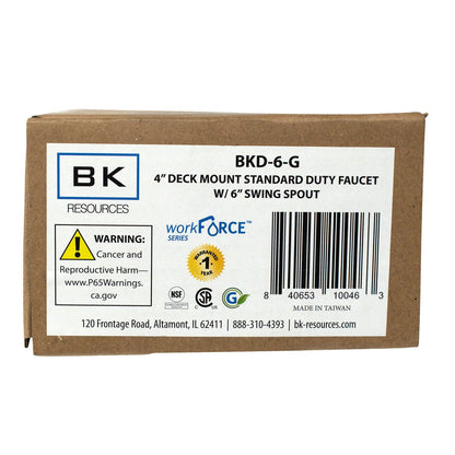 BK Resources WorkForce Standard Duty Faucet, 3.87" Height/6" Reach, Chrome-Plated Brass (BKEBKD6)