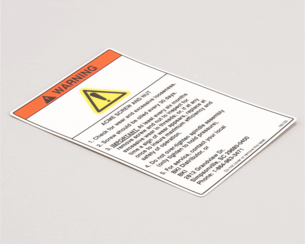 BKI N0153 Decal, Fkm Warning Acme Screw (BKIN0153)
