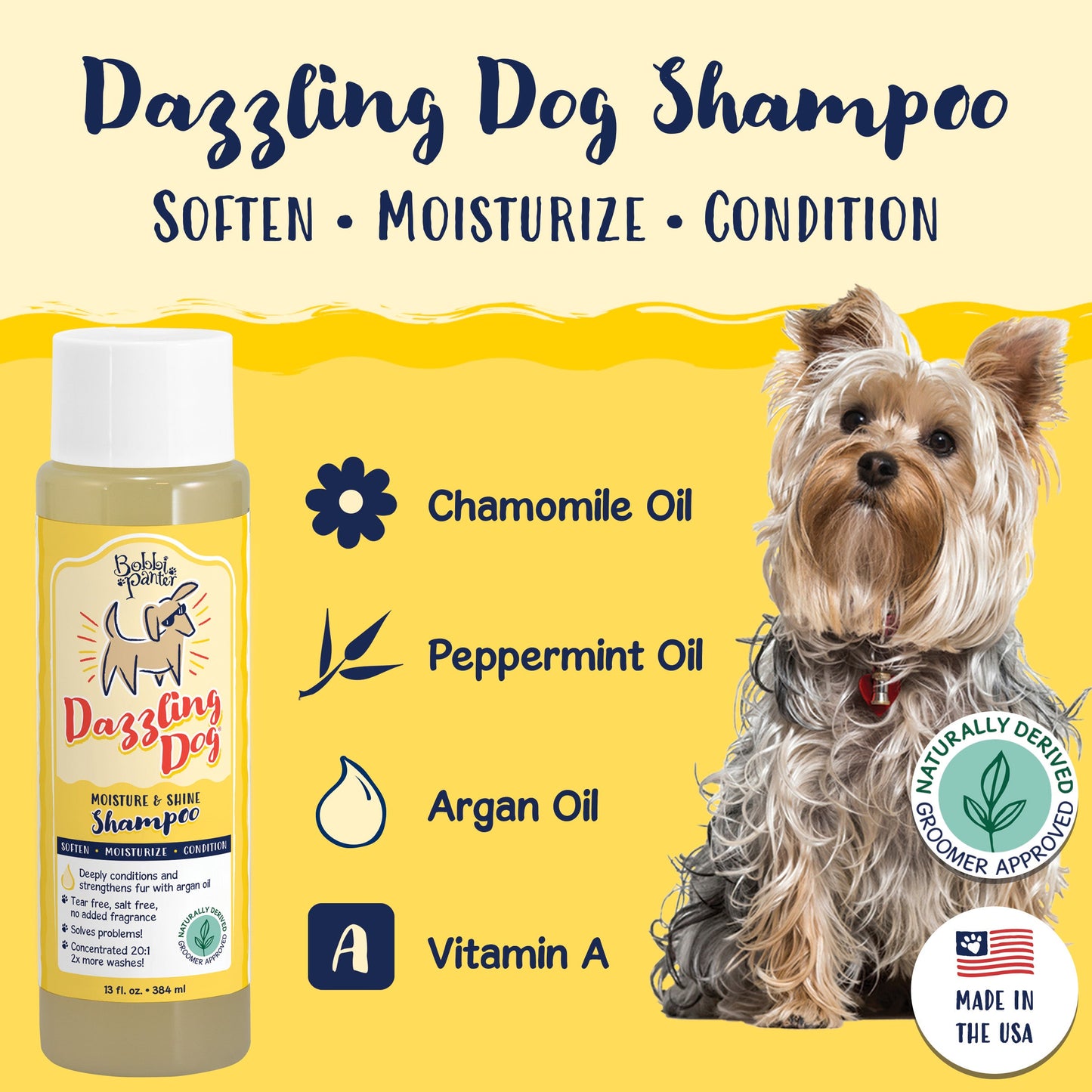 Bobbi Panter® Signature Dazzling Dog Shampoo, Argan Oil, Vitamin A, Geranium and Chamomile, 13 oz Bottle, 12/Case (HOSBP00012-CS)