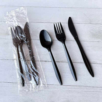 Boardwalk Three-Piece Cutlery Kit, Fork/Knife/Teaspoon, Polypropylene, Black, 250/Carton (BWK3KITBLPP)