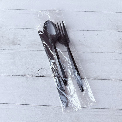 Boardwalk Three-Piece Cutlery Kit, Fork/Knife/Teaspoon, Polystyrene, Black, 250/Carton (BWK3KITBLPS)