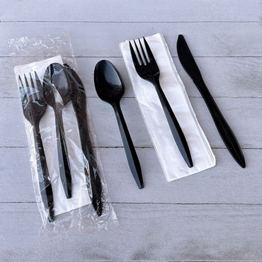 Boardwalk® Four-Piece Cutlery Kit, Fork/Knife/Teaspoon/Napkin, Mediumweight, Black, 250/Carton (BWK4KITBLPP)