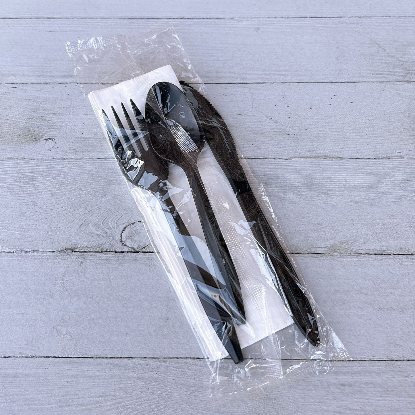 Boardwalk® Four-Piece Cutlery Kit, Fork/Knife/Teaspoon/Napkin, Mediumweight, Black, 250/Carton (BWK4KITBLPP)