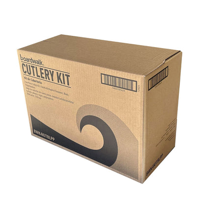 Boardwalk® Four-Piece Cutlery Kit, Fork/Knife/Teaspoon/Napkin, Mediumweight, Black, 250/Carton (BWK4KITBLPP)