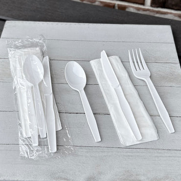 Boardwalk® Four-Piece Cutlery Kit, Fork/Knife/Napkin/Teaspoon, Mediumweight, Polystyrene, White, 250/Carton (BWK4KITWHPS)