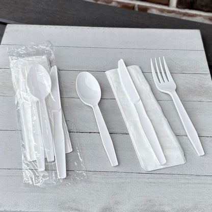 Boardwalk® Four-Piece Cutlery Kit, Fork/Knife/Napkin/Teaspoon, Mediumweight, Polystyrene, White, 250/Carton (BWK4KITWHPS)