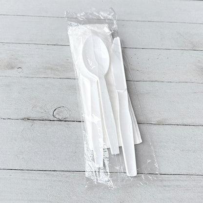 Boardwalk® Four-Piece Cutlery Kit, Fork/Knife/Napkin/Teaspoon, Mediumweight, Polystyrene, White, 250/Carton (BWK4KITWHPS)