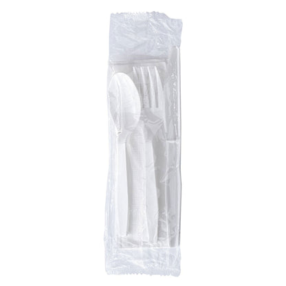 Boardwalk® Four-Piece Cutlery Kit, Fork/Knife/Napkin/Teaspoon, Mediumweight, Polystyrene, White, 250/Carton (BWK4KITWHPS)