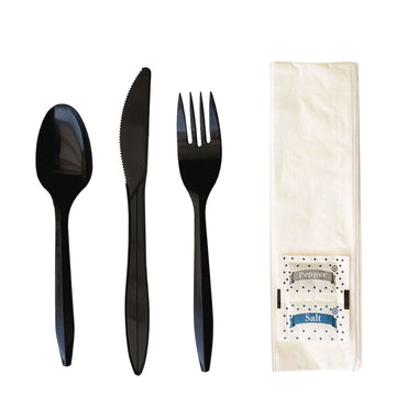 Boardwalk Six-Piece Cutlery Kit, Fork/Knife/Napkin/Pepper/Salt/Spoon, Black, 250/Carton (BWKCOMBO6KIT)