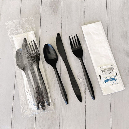 Boardwalk Six-Piece Cutlery Kit, Fork/Knife/Napkin/Pepper/Salt/Spoon, Black, 250/Carton (BWKCOMBO6KIT)