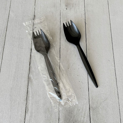 Boardwalk Mediumweight Wrapped Polypropylene Cutlery, Spork, Black, 1,000/Carton (BWKSPORKBLPPIW)