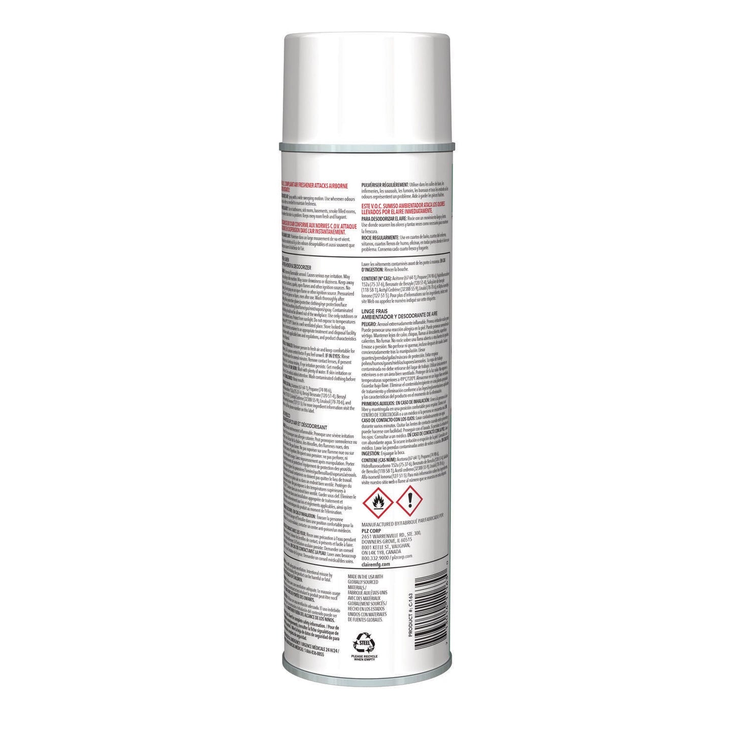 Claire Aerosol Air Freshener and Deodorizer, Fresh Linen, 10 oz Aerosol Spray, 12 Cans (CGC163)