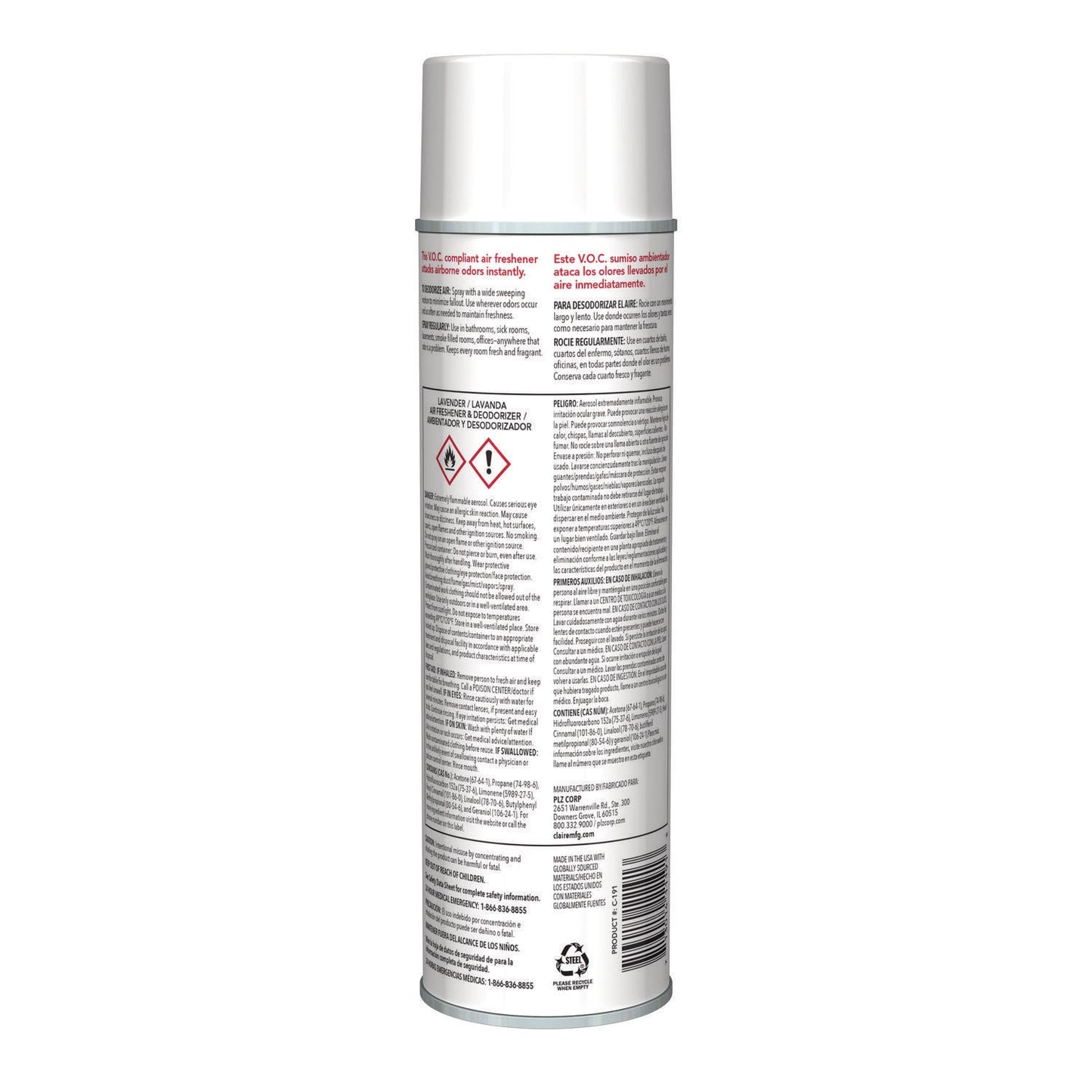 Claire Aerosol Air Freshener and Deodorizer, Lavender, 10 oz Aerosol Spray, 12 Cans (CGC191)