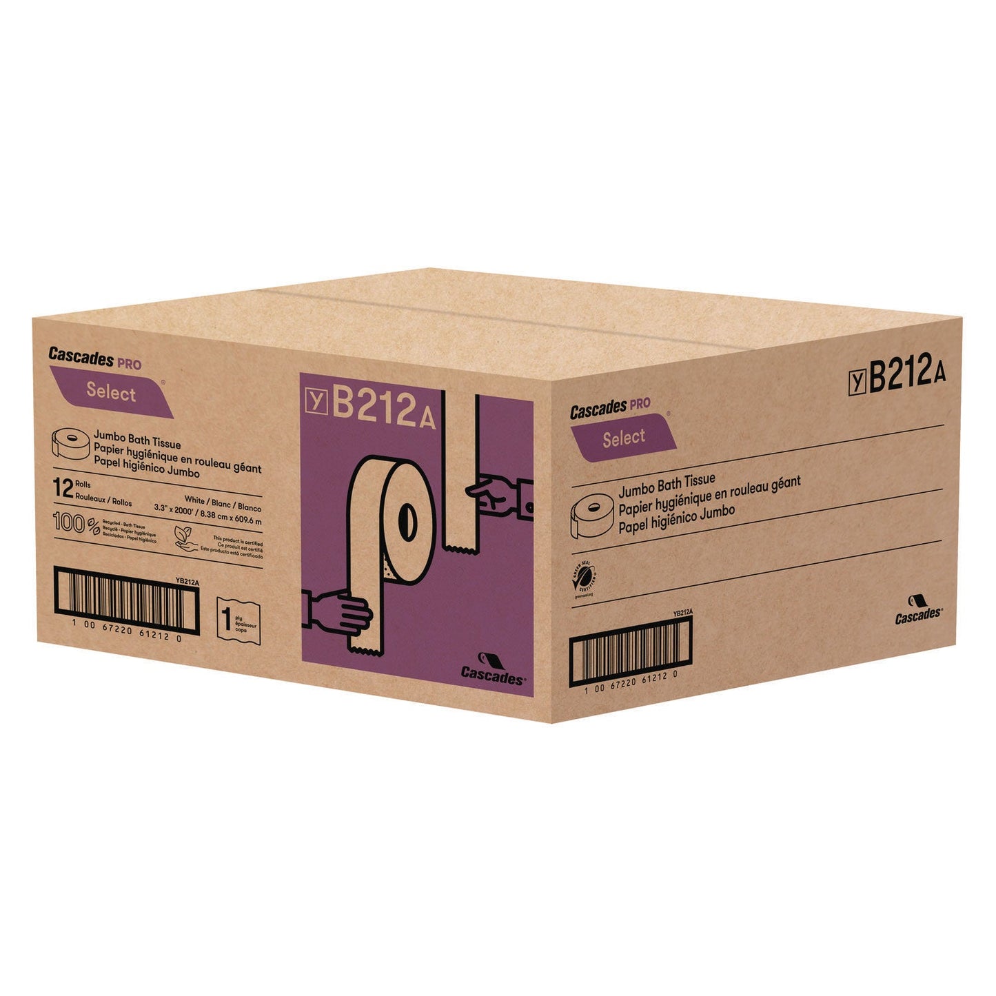 Cascades Select Jumbo Bath Tissue, Septic-Safe, 1-Ply, White, 3.3" x 2,000 ft, 12 Rolls/Carton (CSDB212)