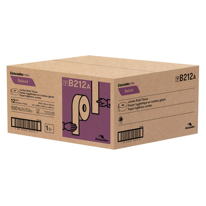 Cascades Select Jumbo Bath Tissue, Septic-Safe, 1-Ply, White, 3.3" x 2,000 ft, 12 Rolls/Carton (CSDB212)