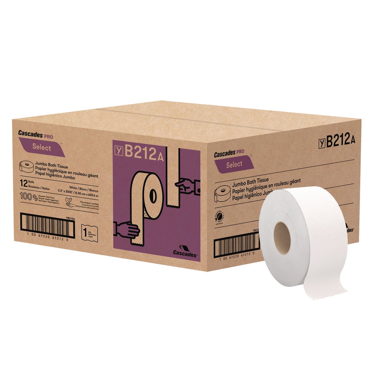 Cascades Select Jumbo Bath Tissue, Septic-Safe, 1-Ply, White, 3.3" x 2,000 ft, 12 Rolls/Carton (CSDB212)