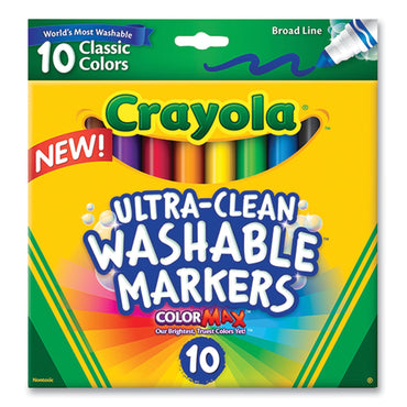 Crayola Ultra-Clean Washable Markers, Broad Bullet Tip, Assorted Colors, 10/Pack (CYO587851)
