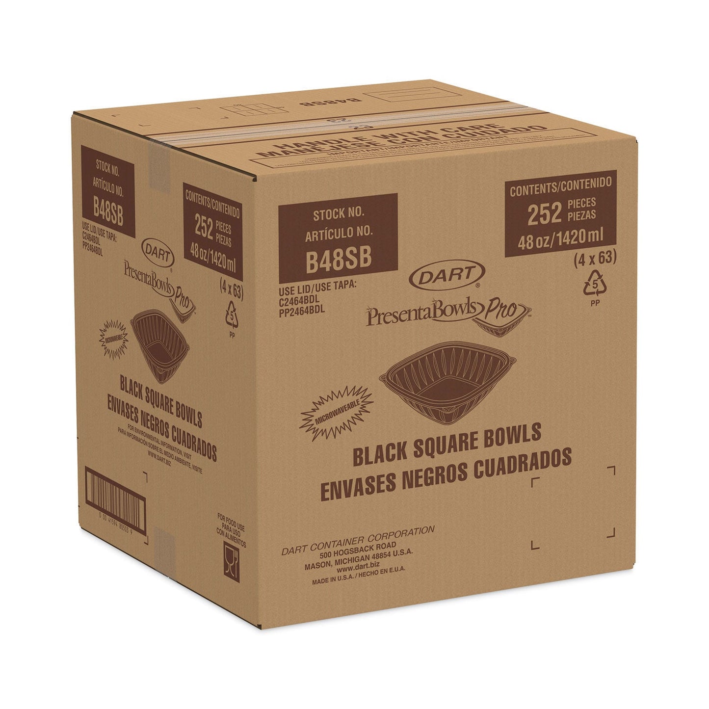 Dart PresentaBowls Pro Black Square Bowls, 48 oz, 8.5 x 8.5 x 2.6, Plastic, 63/Bag, 4 Bags/Carton (DCCB48SB)