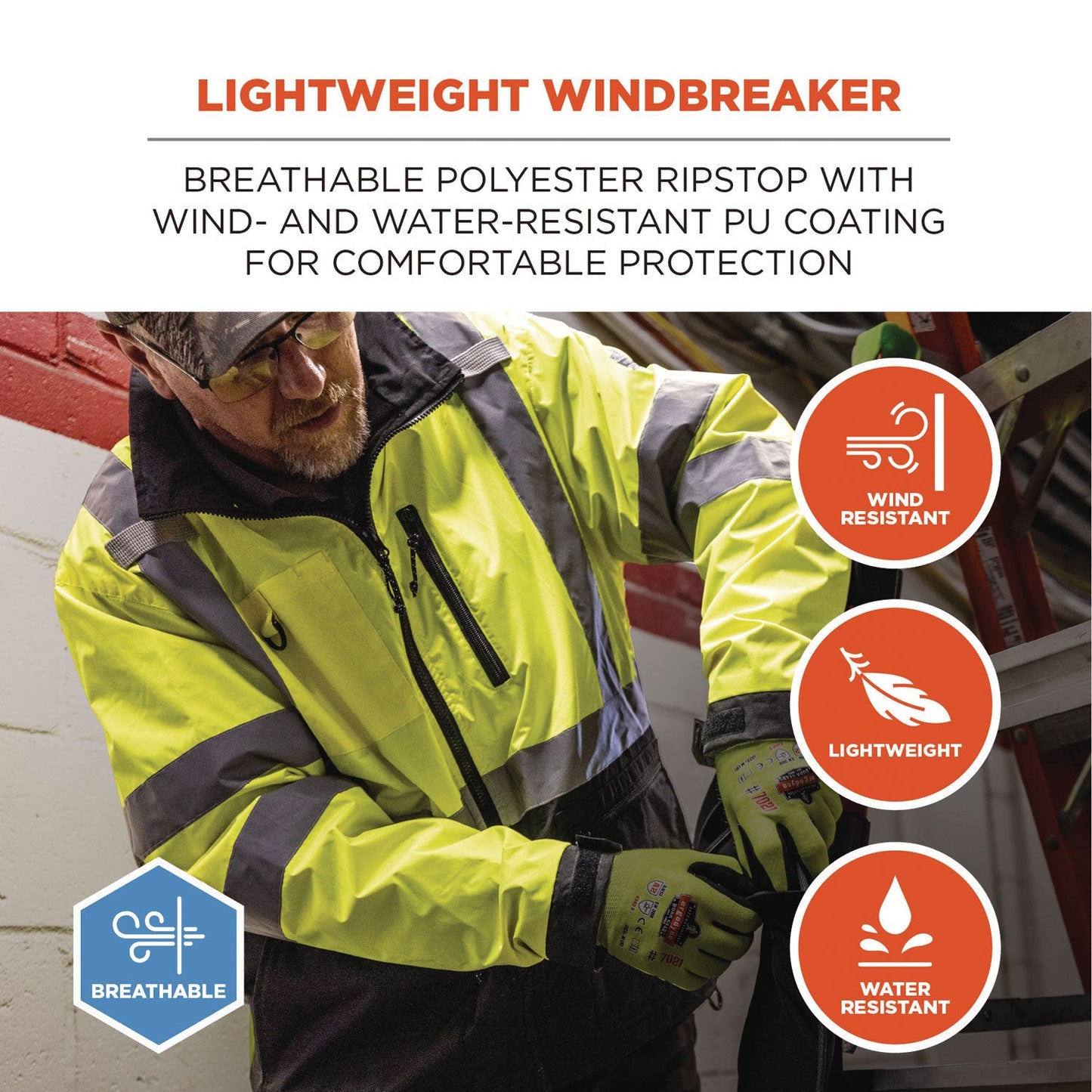 Ergodyne GloWear 8351 Class 3 Hi-Vis Windbreaker Water-Resistant Jacket, Small, Orange (EGO23432)