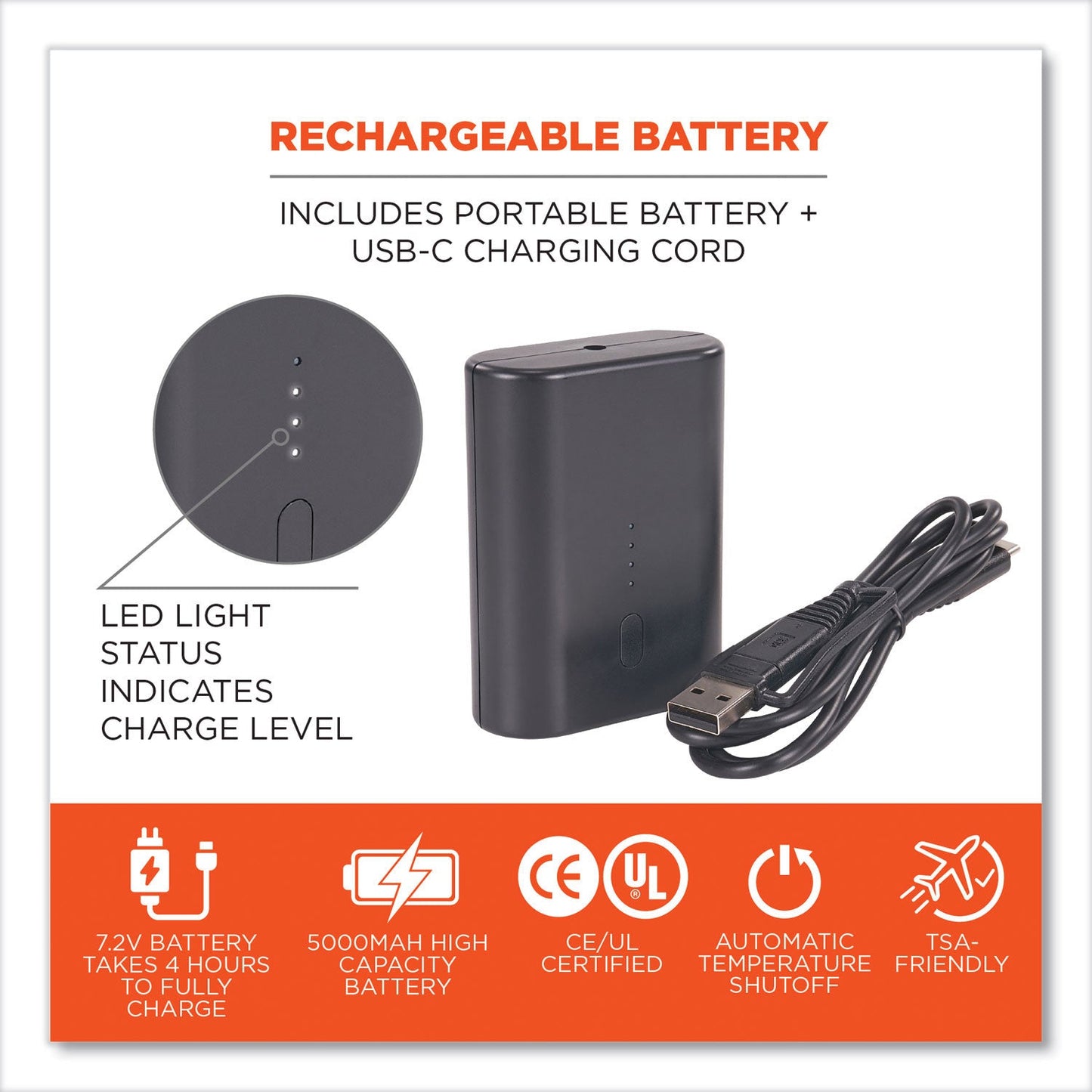Ergodyne N-Ferno 6495B Portable Battery Power Bank with USB-C Cord, 7.2 V (EGO41801)