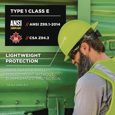 Ergodyne Skullerz 8969 Class E Lightweight Full Brim Hard Hat, 6-Point Rachet Suspension, Lime (EGO60232)