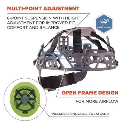 Ergodyne Skullerz 8969 Class E Lightweight Full Brim Hard Hat, 6-Point Rachet Suspension, Lime (EGO60232)