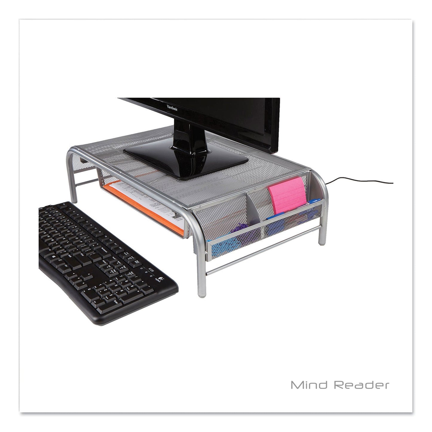 Mind Reader Raise Metal Mesh Monitor Stand with Drawer, 20" x 12" x 5.75", Silver, Supports 25 lbs (EMSMMSIL)